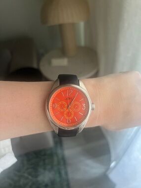 Vintage AK/NY Orange Dial Stainless Watch with Black Leather Strap
